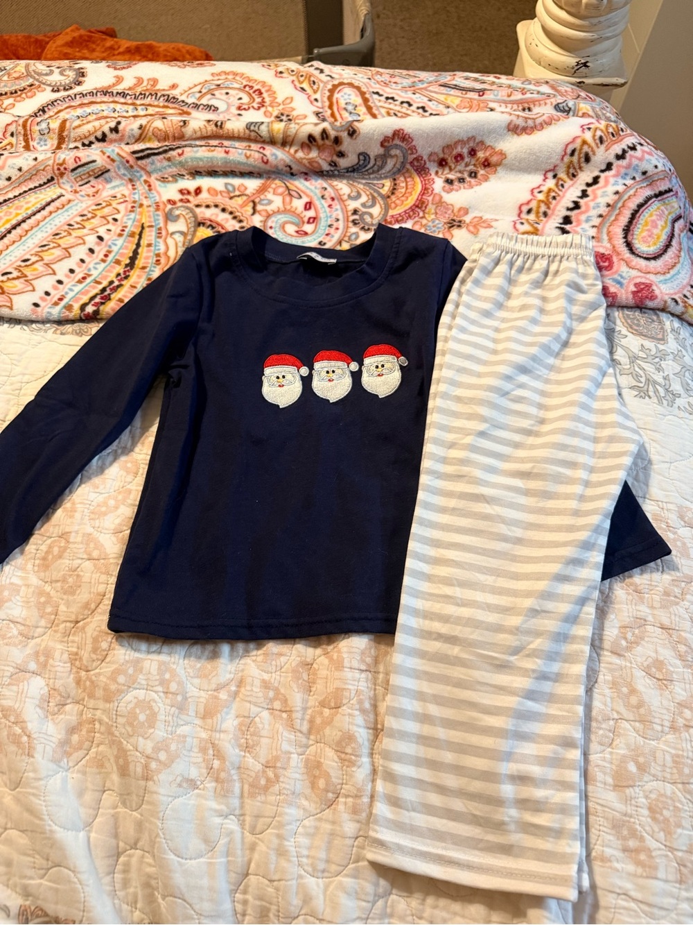 Kids Navy Santa Face Set with Gray-White Striped Pants